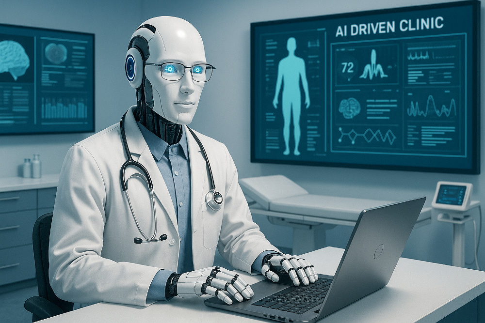 Conceptual illustration of a robot clinician working at a laptop inside an AI-driven clinic